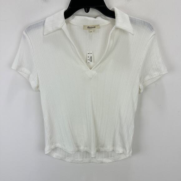 Madewell Ribbed V Neck Polo Tee Top Stretch Lyocell Lighthouse Ivory Slim S NWT - Picture 5 of 11